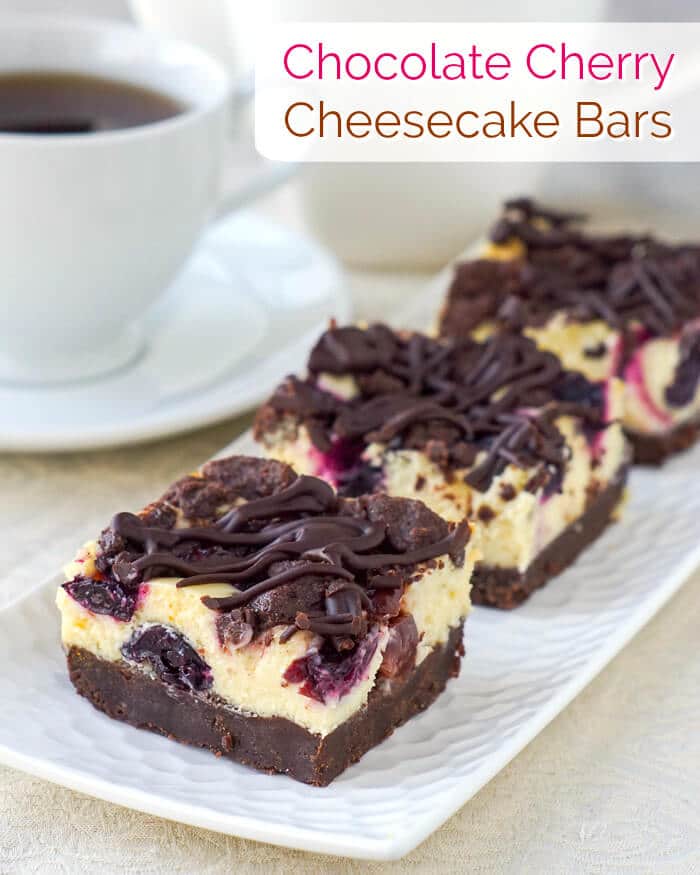 Chocolate Cherry Cheesecake Bars image with title text