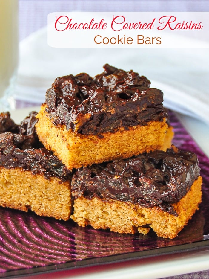 Chocolate Covered Raisins Cookie Bars photo with title text added for Pinterest