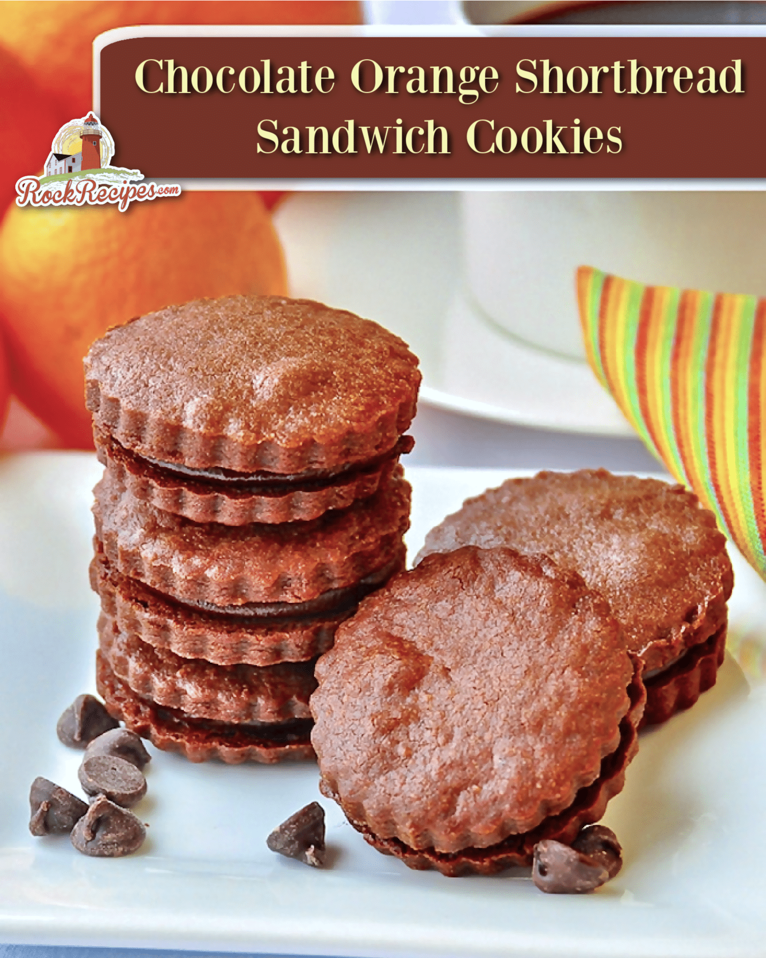 Chocolate Orange Shortbread Sandwich Cookies image with title text for social media posts.