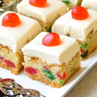 Close up photo of cherry cake squares