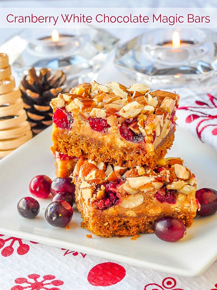 Cranberry White Chocolate Magic Cookie Bars image with title text for Pinterest.