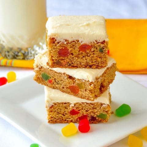 Easy Gumdrop Bars stacked on white plate surrounded by baking gums