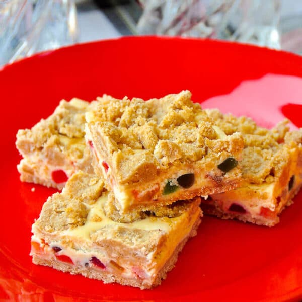 Fruitcake Cheesecake Bars festive and easy.
