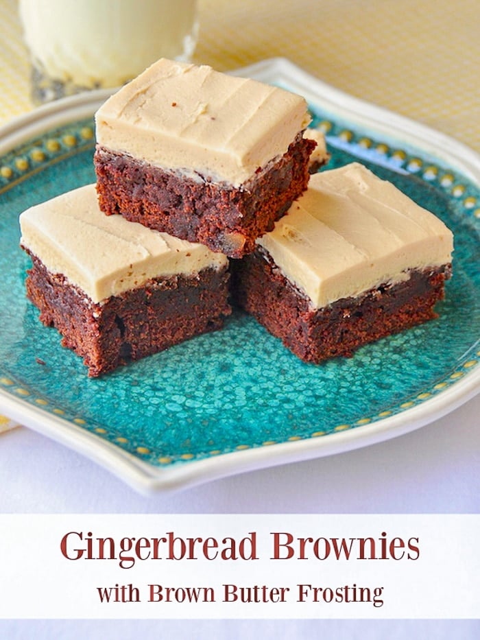 Gingerbread Brownies with Brown Butter Frosting photo with title text for Pinterest