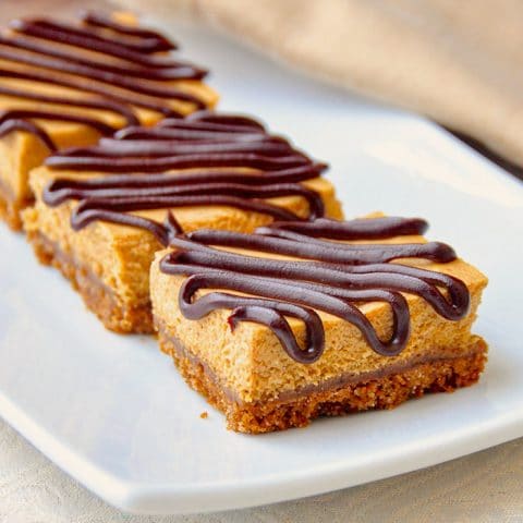 Gingersnap Pumpkin Cheesecake Bars close up photo of bars on a white platter