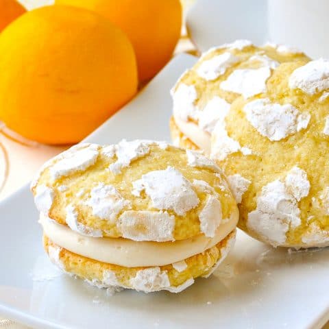 Lemon Cream Cheese Crackle Cookies cloae up featured image shown on white plate