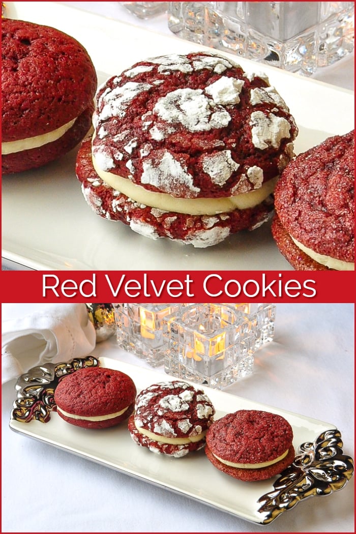 Red Velvet Cookies photo collage with title text added for Pinterest