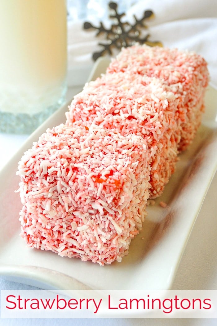 Strawberry Lamingtons on a white plate with title text added for Pinterest