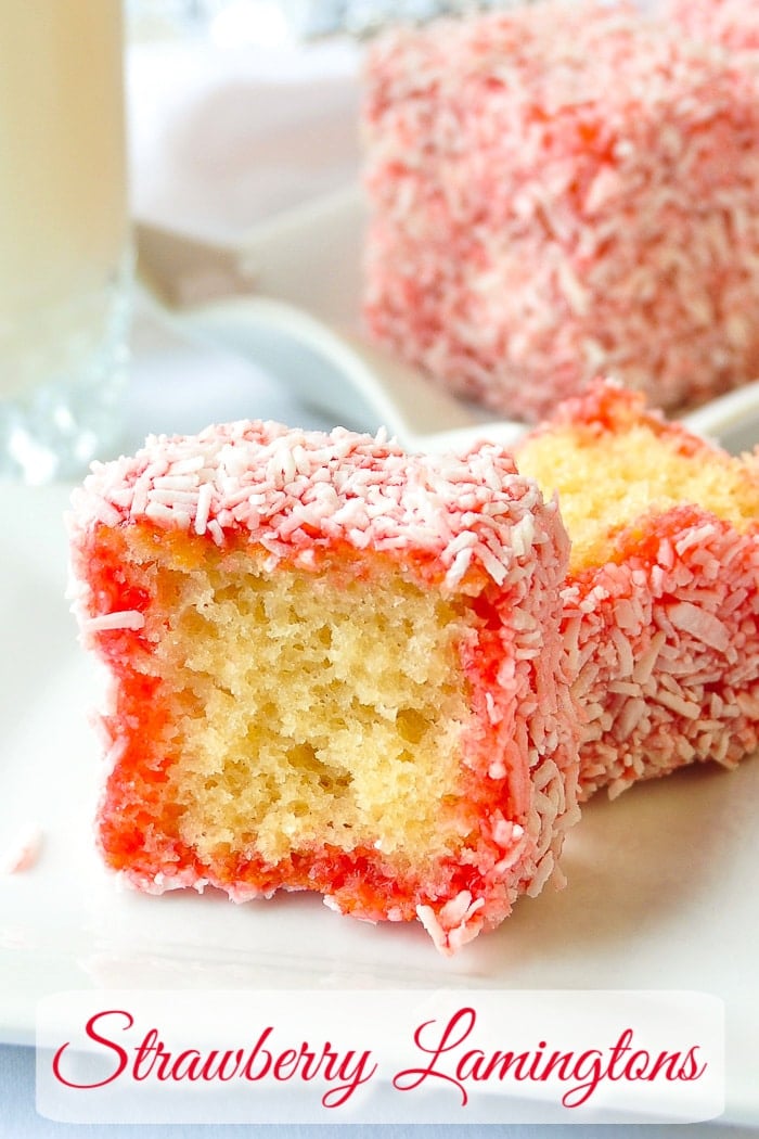 Strawberry Lamingtons photo cut in half to show inner crumb and with title text added or Pinterest