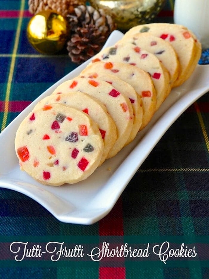 Tutti Frutti Shortbread Cookies photo with title text added for Pinterest.