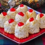 Haystack cookies close up image on red plate with christmas decorations in background