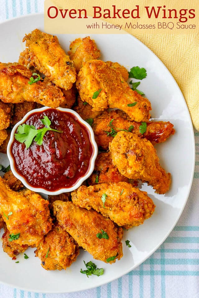 Oven Fried Chicken Wings with Honey Molasses Barbecue Sauce.