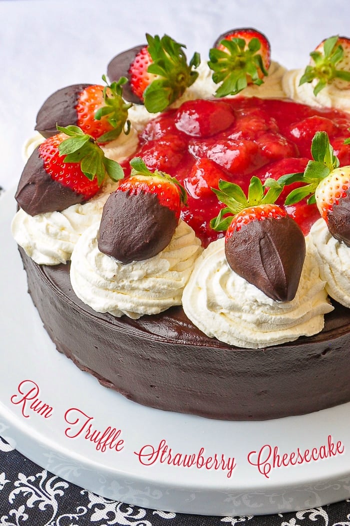 Rum Truffle Strawberry Cheesecake photo with title text for Pinterest