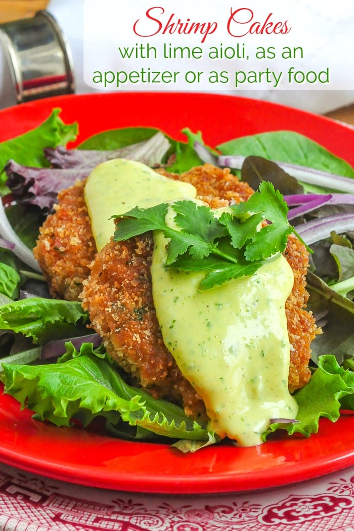 Shrimp Cakes with lime aioli photo with title text for Pinterest