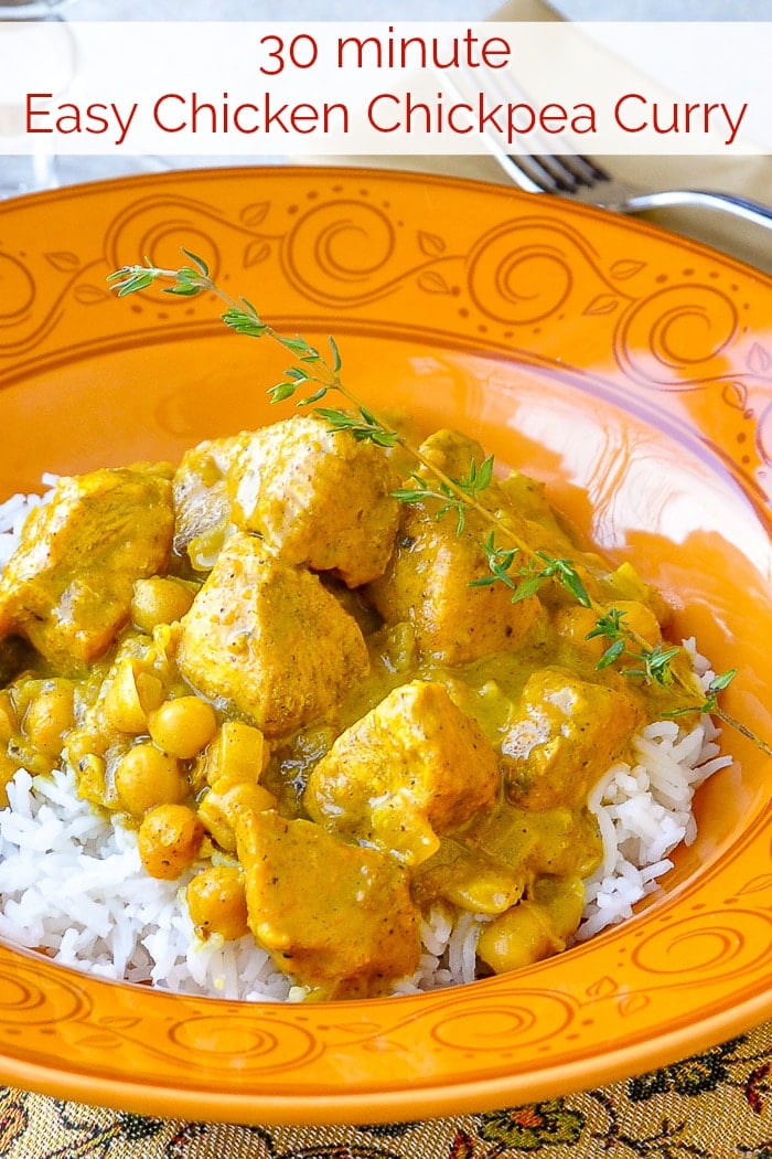 30 minute Easy Chicken Chickpea Curry photo with title text for Pinterest