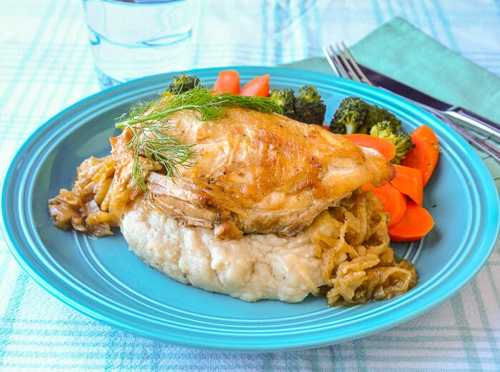 Braised Onion Fennel Chicken with Brown Butter and Roasted Garlic Mashed Potatoes