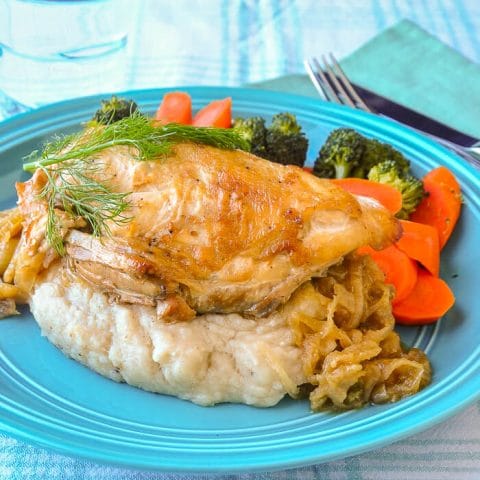 Braised Onion Fennel Chicken with Brown Butter and Roasted Garlic Mashed Potatoes