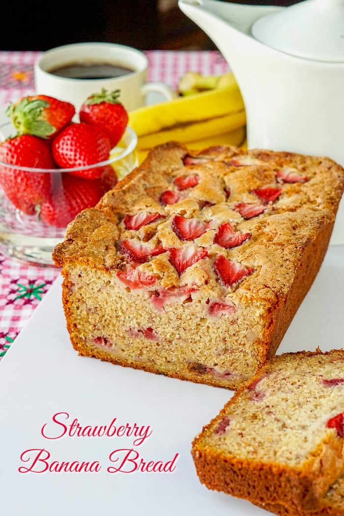 Strawberry Banana Bread photo with title text for Pinterest