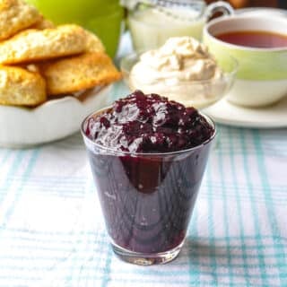 Bumbleberry Port Jam close up photo of jam in a clear glass pot