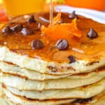 Chocolate Chip Buttermilk Pancakes with Orange Infused Syrup close up image