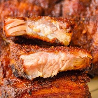 Close up photo of Dry Runned Oven Ribs showing ribs pulled apart