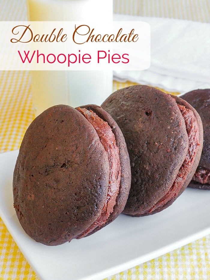Double Chocolate Whoopie Pies photo with title text added for Pinterest