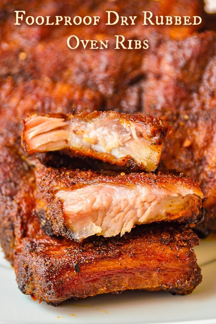 Foolproof Dry Rubbed Oven Ribs close up photo with title text added for Pinterest