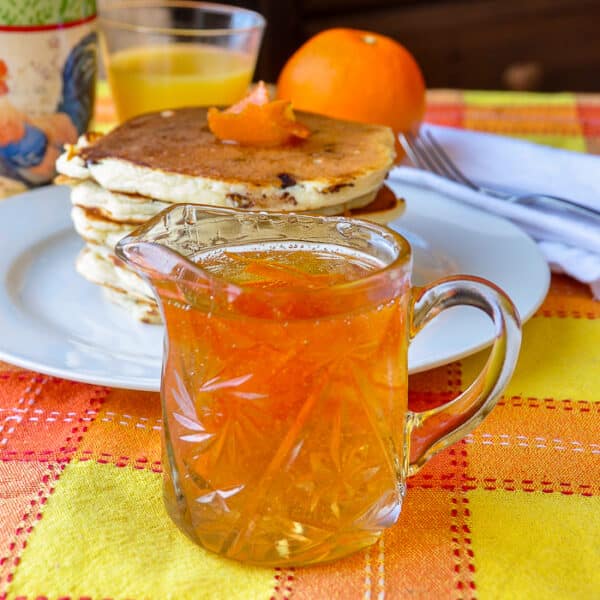 Chocolate Chip Buttermilk Pancakes with Orange Infused Syrup