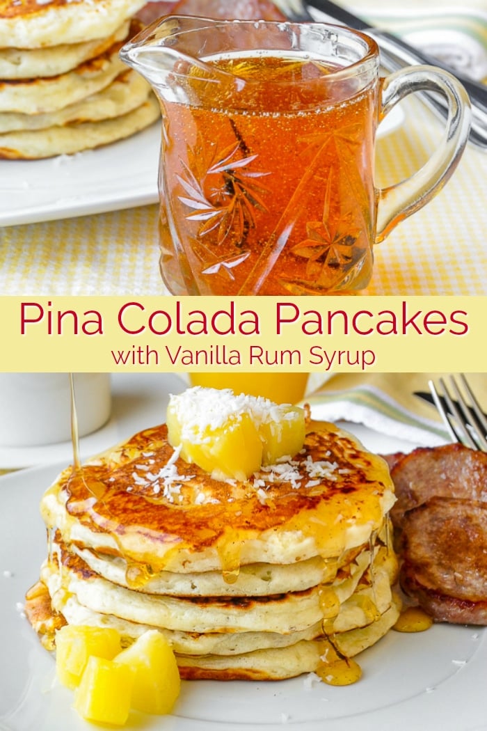 Pina Colada Pancakes with Vanilla Rum Syrup image collage with totle text for Pinterest