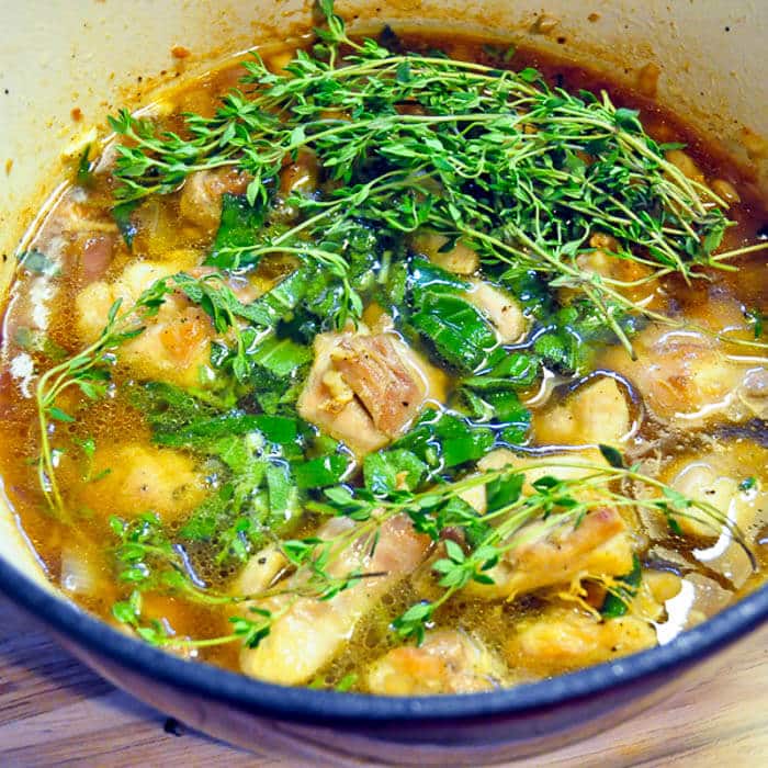 Sage Thyme Chicken Stew with cornbread dumplings