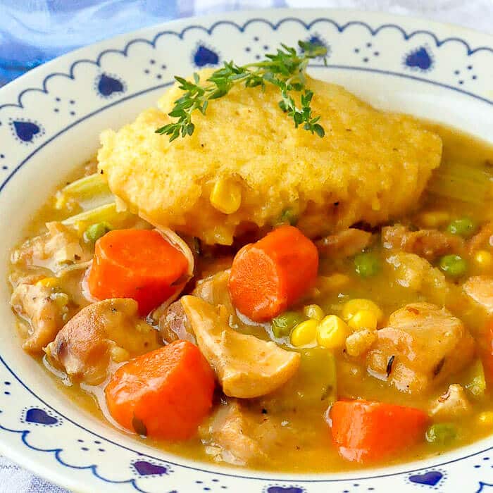 Sage Thyme Chicken Stew with cornbread dumplings