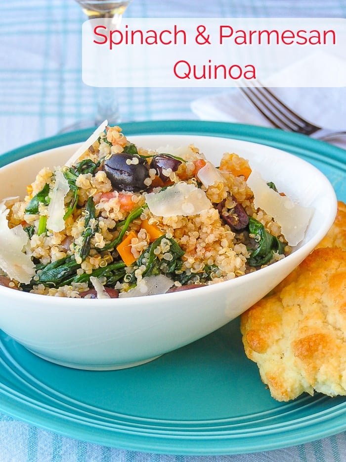 Spinach Parmesan Quinoa photo with title text for Pinterest