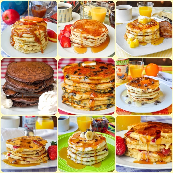 Photo collage showing 9 different pancakes with tips for perfect pancakes.