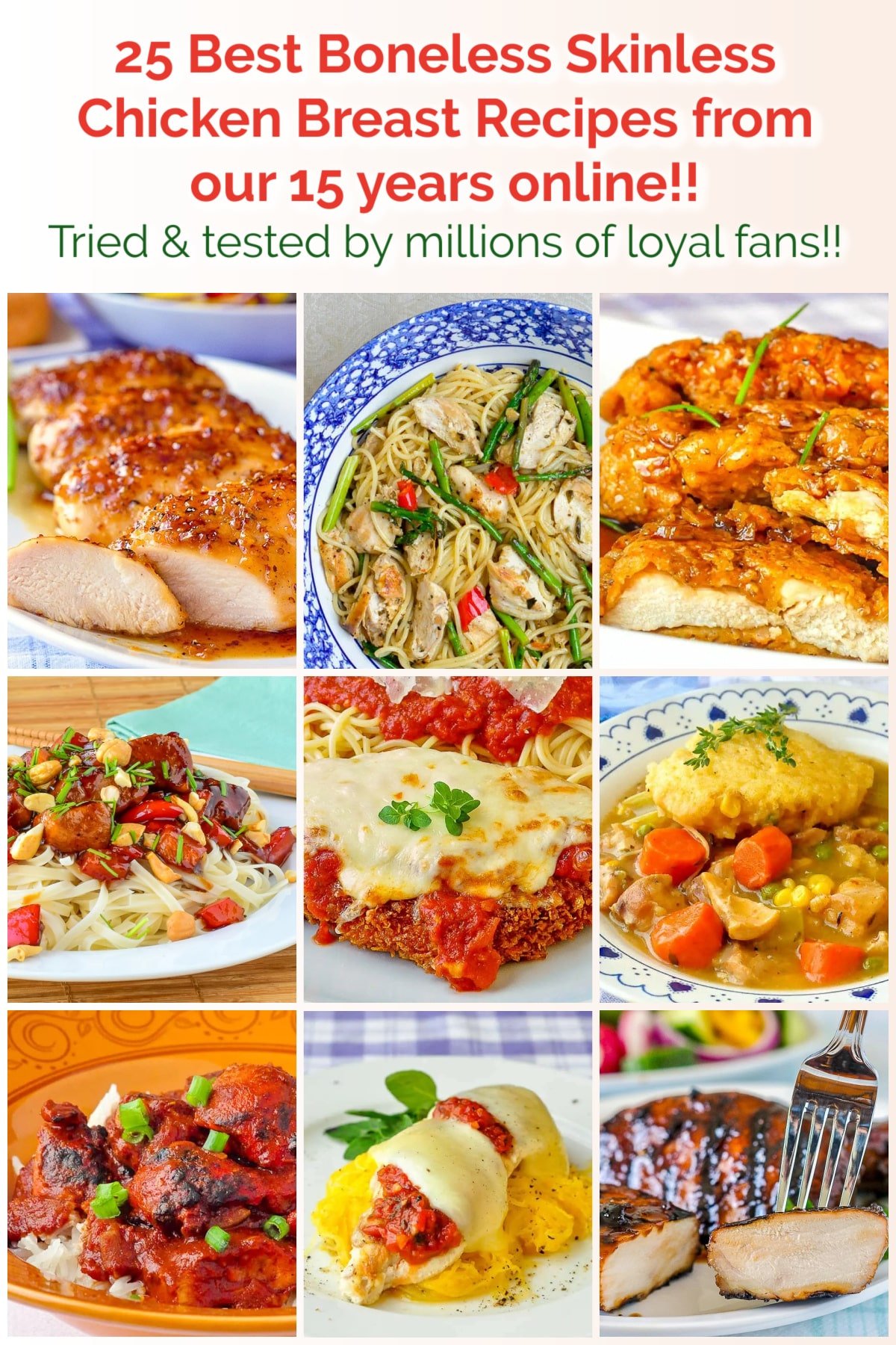 Top ten boneless skinless chicken breast recipes collage with title text added for Pinterest