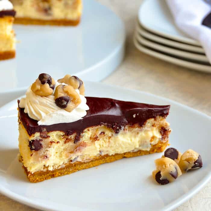 Chocolate Chip Cookie Dough Cheesecake - made with an egg free cookie dough.