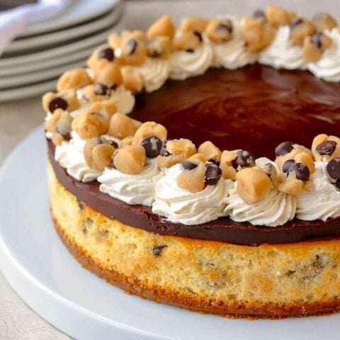 Chocolate Chip Cookie Dough Cheesecake - made with an egg free cookie dough.