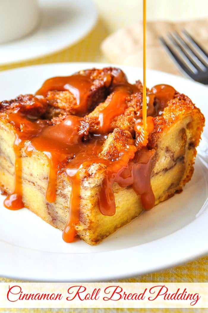 Cinnamon Roll Bread Pudding photo with title text added for Pinterest