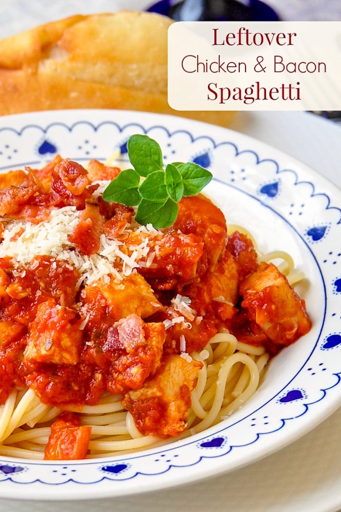 Leftover Chicken Spaghetti with Bacon image with title text for Pinterest