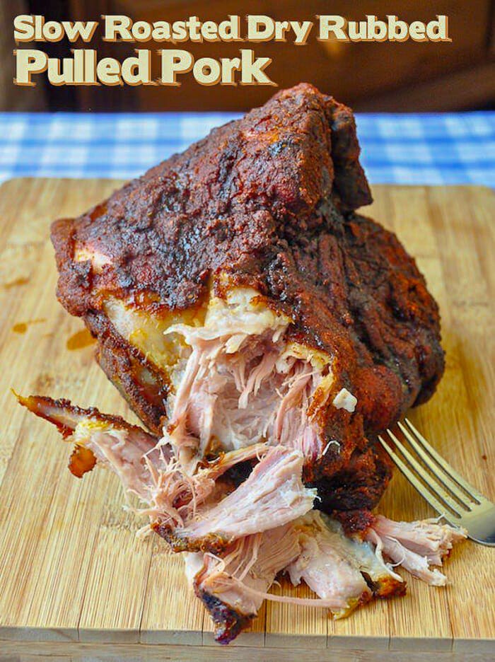 Slow Roasted Dry Rubbed Pulled Pork image with title text added