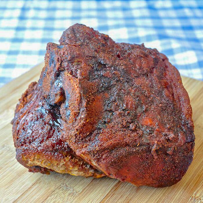 Slow Roasted Dry Rubbed Pulled Pork shown fully cooked.