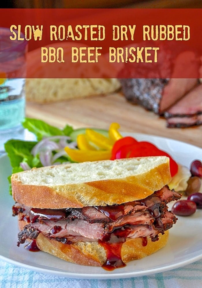 BBQ Beef Brisket Sandwich image with tile text for Pinterest