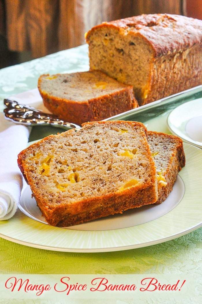 Mango Spice Banana Bread photo of slices on a green plate with title text added for Pinterest