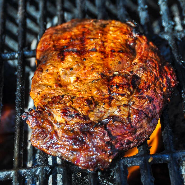 Steak Souvlaki grilled to perfection. Shown on outdoor gas grill.