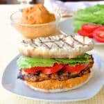 Moroccan Marinated Flatbread Grilled Chicken Burgers with Red Pepper Hummus