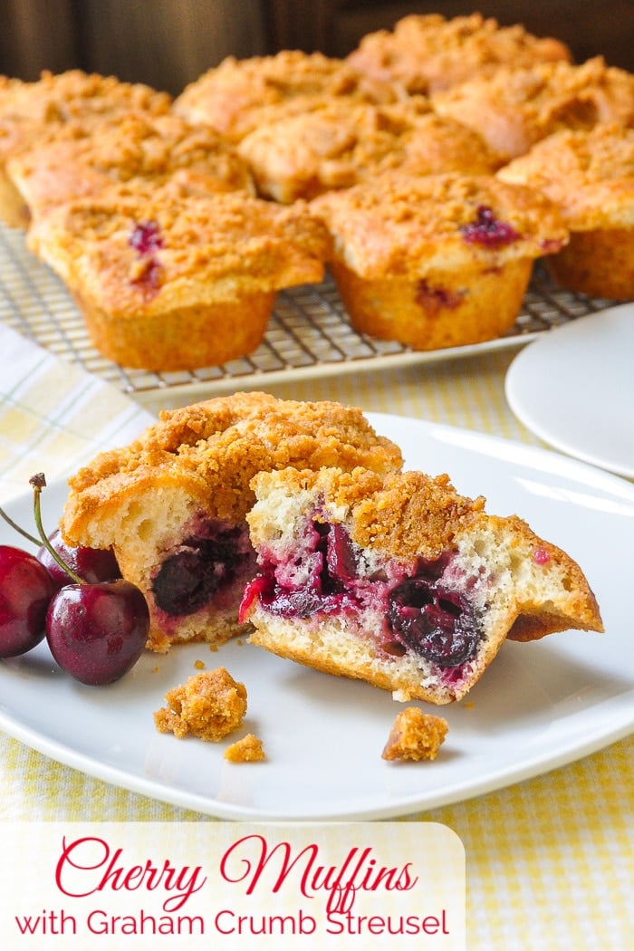 Cherry Muffins on a white plate with title text added for Pinterest