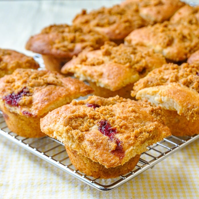 Cherry Muffins with Graham Crumb Streusel cooling on a wire rack