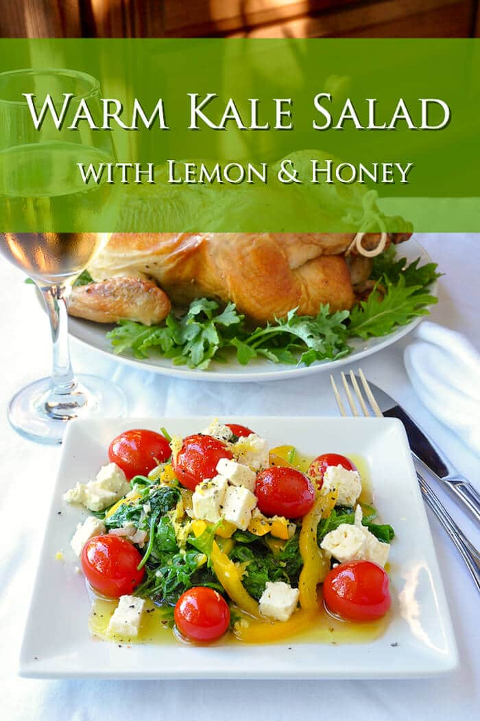 Warm Kale Salad with Lemon & Honey photo with title text added for Pinterest.