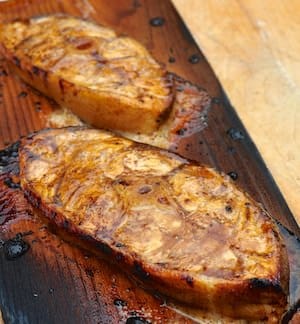 Cedar Plank Halibut with Charred Tomato Avocado Salsa