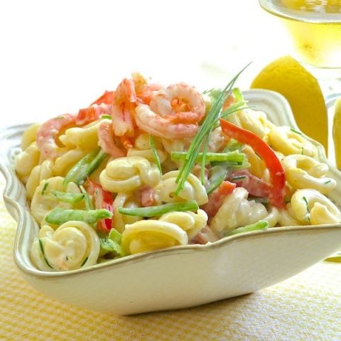 Lemon Shrimp Pasta Salad using a low fat yogurt based dressing.