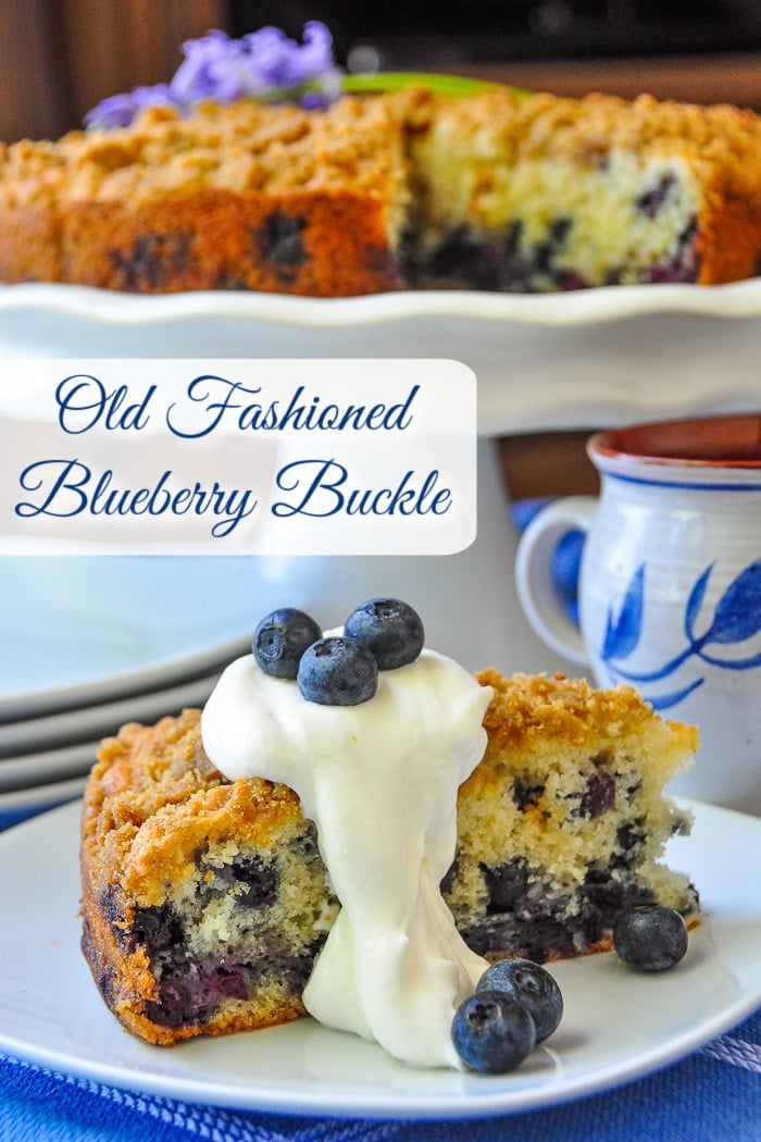 Blueberry Buckle photo of a single slice with title text added for Pinterest